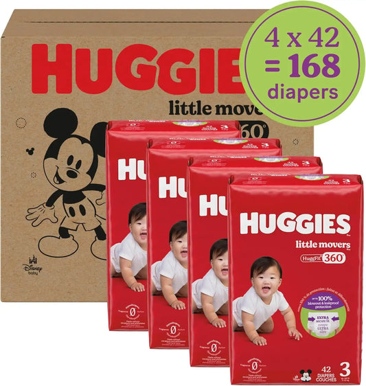 Huggies Little Movers HuggFit 360 Diapers Size 3, 168 Count (4 Packs of 42)