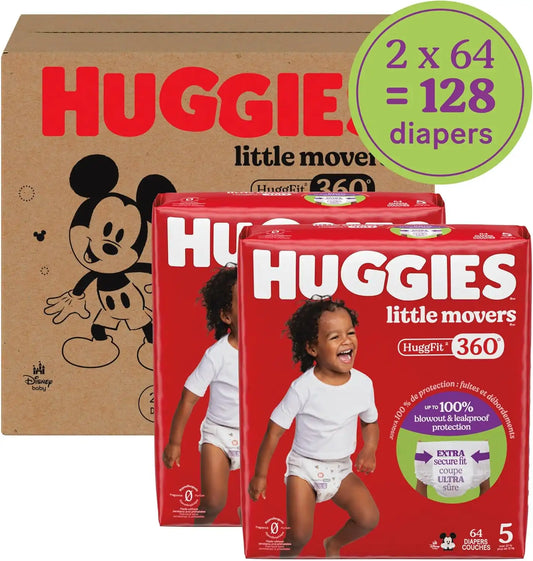 Huggies Little Movers HuggFit 360 Diapers Size 5, 128 Count (2 Packs of 64)