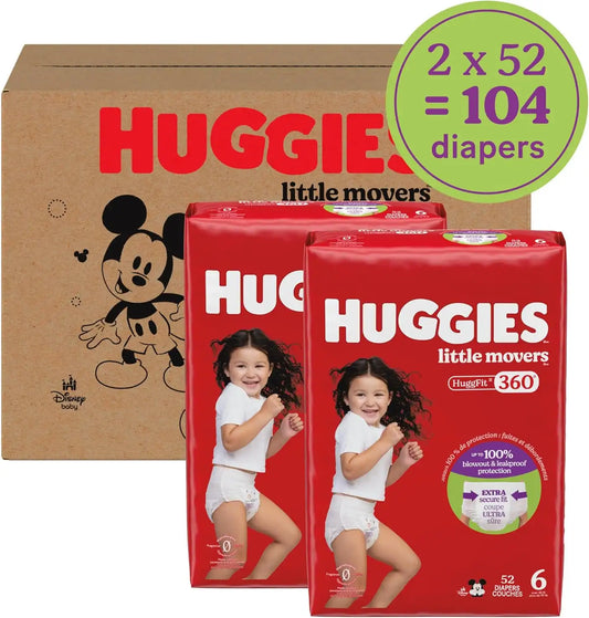 Huggies Little Movers HuggFit 360 Diapers Size 6, 104 Count (2 Packs of 52)
