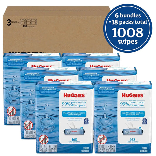 Huggies 99% Pure Water Baby Wipes, Unscented, flip-top packs, Packaging May Vary, 168 Count (Pack of 6)