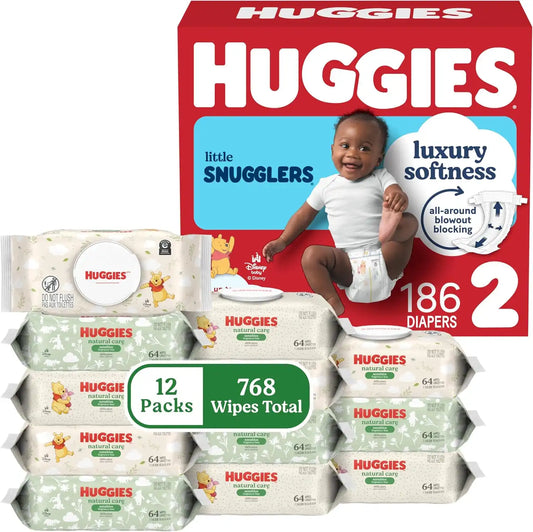 Huggies Little Snugglers Baby Diapers with Huggies Natural Care Sensitive Baby Wipes, Size 2 (12-18 lbs), 186 Diapers & 768 Wipes, Packaging May Vary
