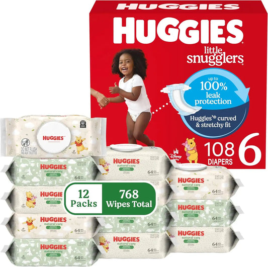 Huggies Little Snugglers Baby Diapers with Huggies Natural Care Sensitive Baby Wipes, Size 6 (35+ lbs), 108 Diapers & 768 Wipes, Packaging May Vary