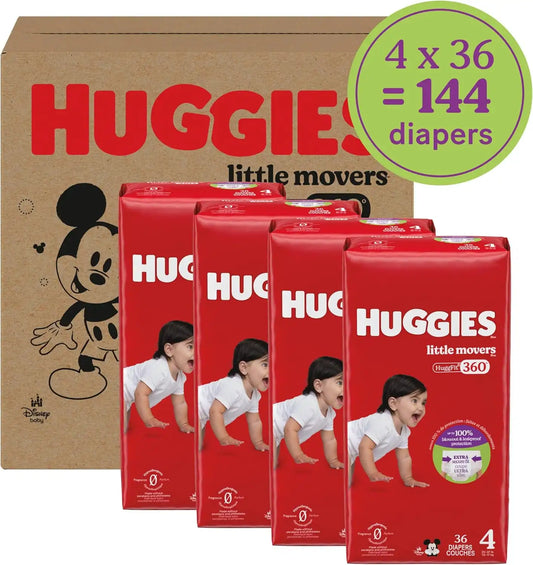 Huggies Little Movers HuggFit 360 Diapers Size 4, 144 Count (4 Packs of 36)