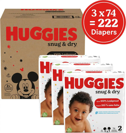 Huggies Size 2 Diapers, Snug & Dry Baby Diapers, Size 2 (12-18 lbs), 222 Count