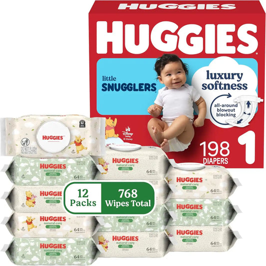 Huggies Little Snugglers Baby Diapers with Huggies Natural Care Sensitive Baby Wipes, Size 1 (8-14 lbs), 198 Diapers & 768 Wipes, Packaging May Vary