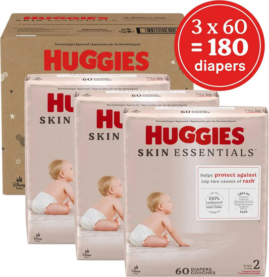Huggies Size 2 Diapers, Skin Essentials Baby Diapers, Size 2 (12-18 lbs), 180 Count (3 Packs of 60)